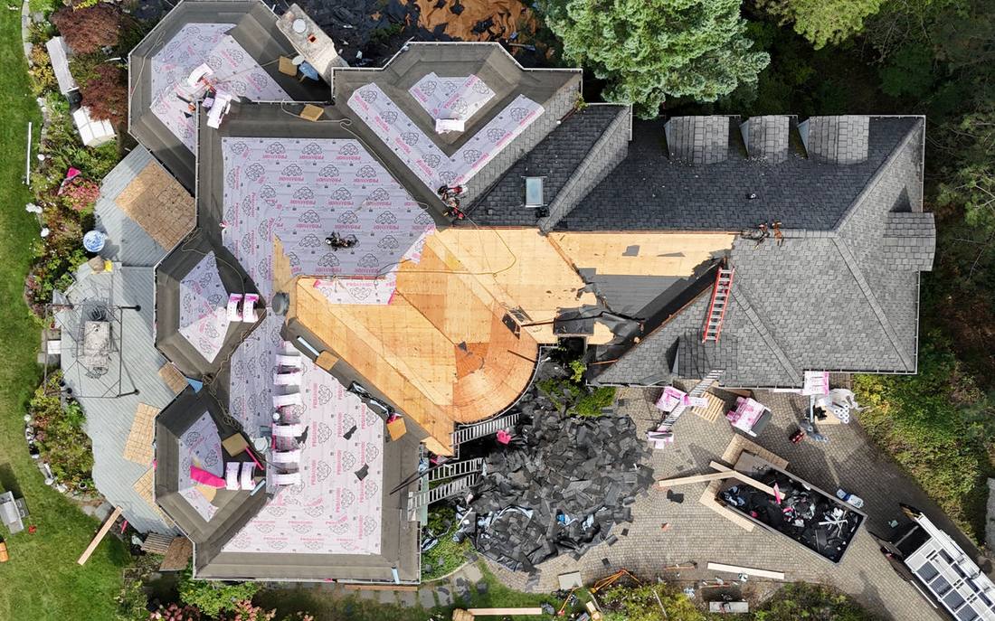 Aerial view of a new roof installed by The Good Roofer